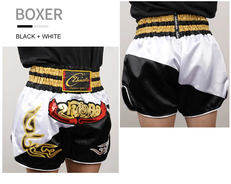 Muay Thai Shorts Men Embroidery Sports Fitness Fighting Kickboxing Short Pants Women Kids Custom Sanda MMA Boxeo Trunks Black