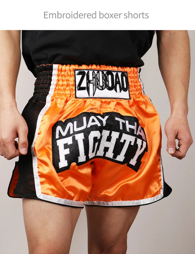 Muay Thai Shorts Men Embroidery Sports Fitness Fighting Kickboxing Short Pants Women Kids Custom Sanda MMA Boxeo Trunks Black