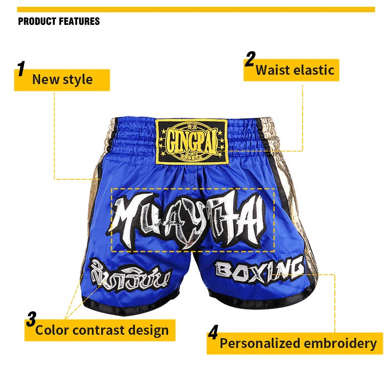 Muay Thai Shorts Embroidery Thai Boxing Shorts Men Women Kids Satin BJJ MMA Clothes Gym Grappling Cage Fight Kickboxing Shorts