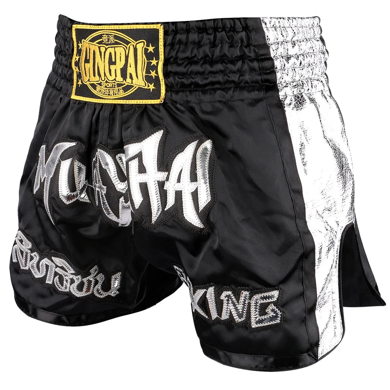 Muay Thai Shorts Embroidery Thai Boxing Shorts Men Women Kids Satin BJJ MMA Clothes Gym Grappling Cage Fight Kickboxing Shorts