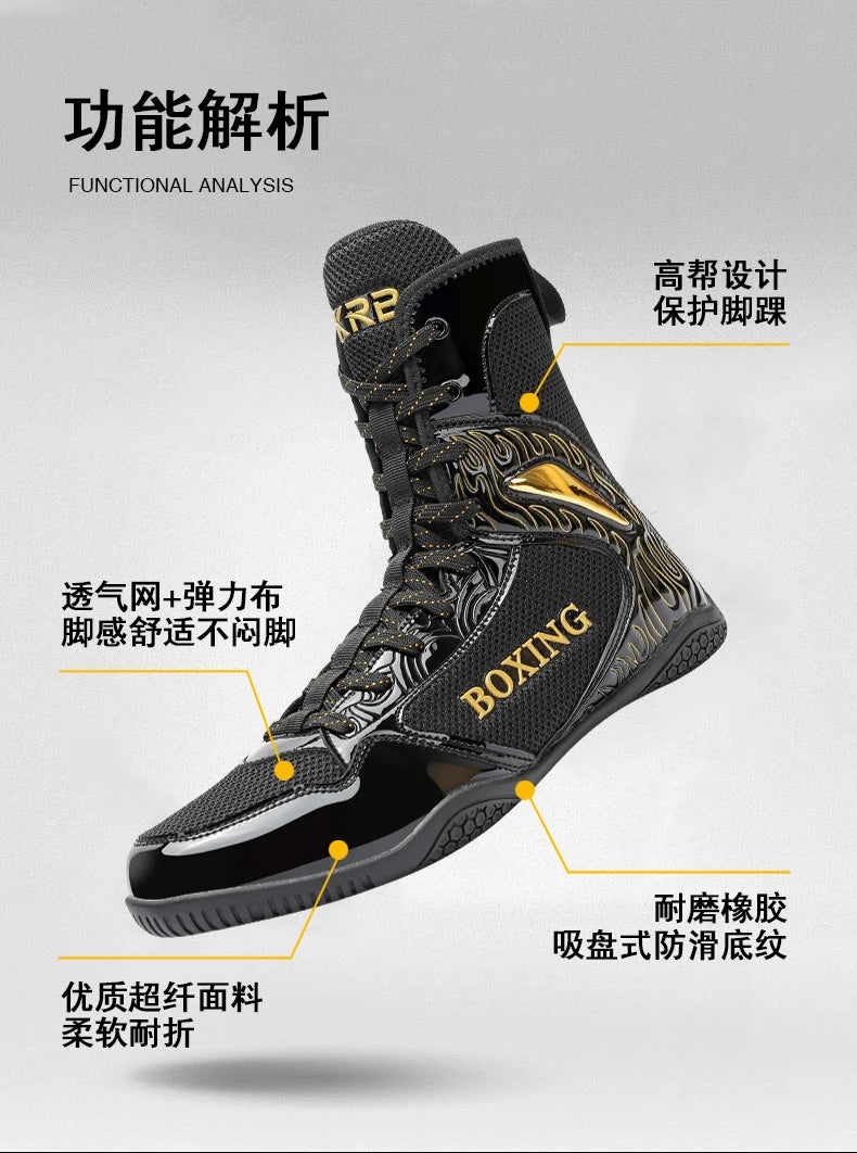 Professional Boxing and Wrestling Shoes for Men, Black and White Classic Comfort Training Boxing and Wrestling Fighting Shoes