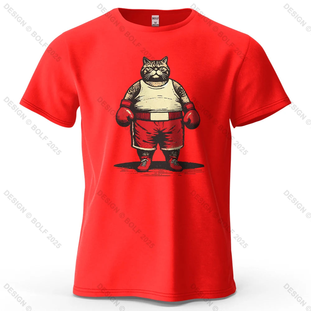 Boxing Cat Cartoon Printed Men's T-Shirt 100% Cotton Oversized Vintage Inspired Graphic Outings Tees for Women Tops Streetwear