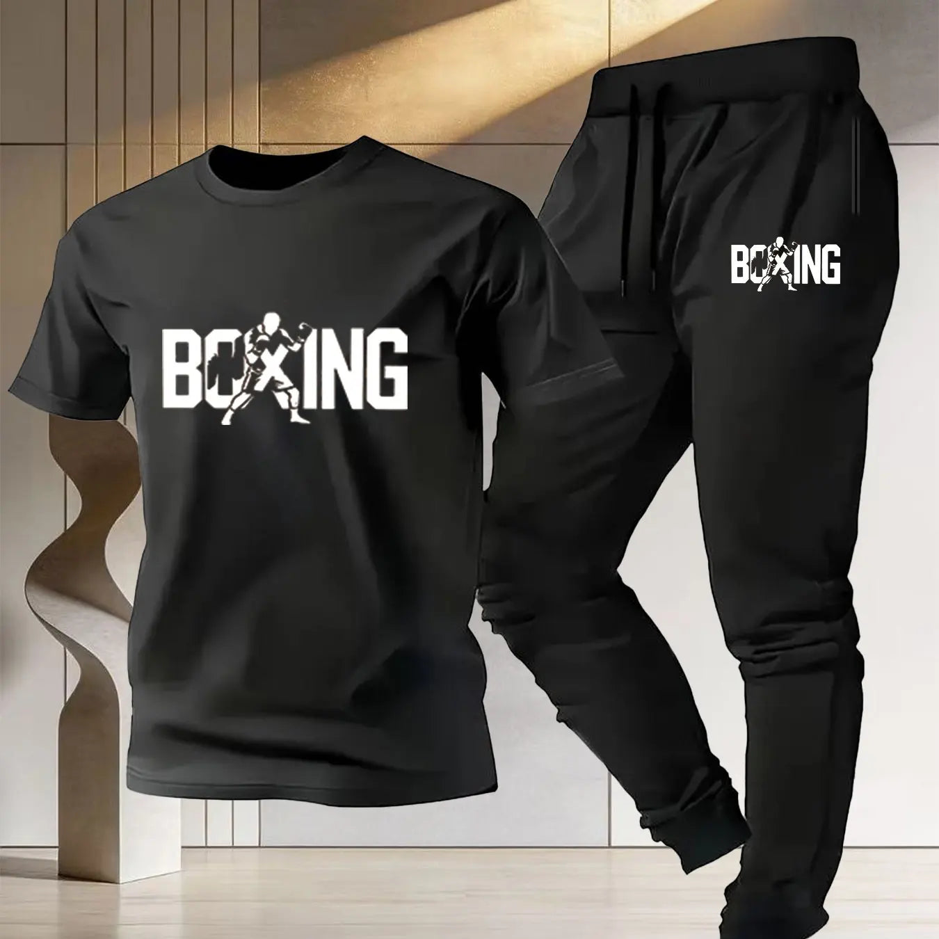 Men's boxing sport set men's 2026 new style pure cotton short-sleeved T-shirt + training quick-dry thin long pants