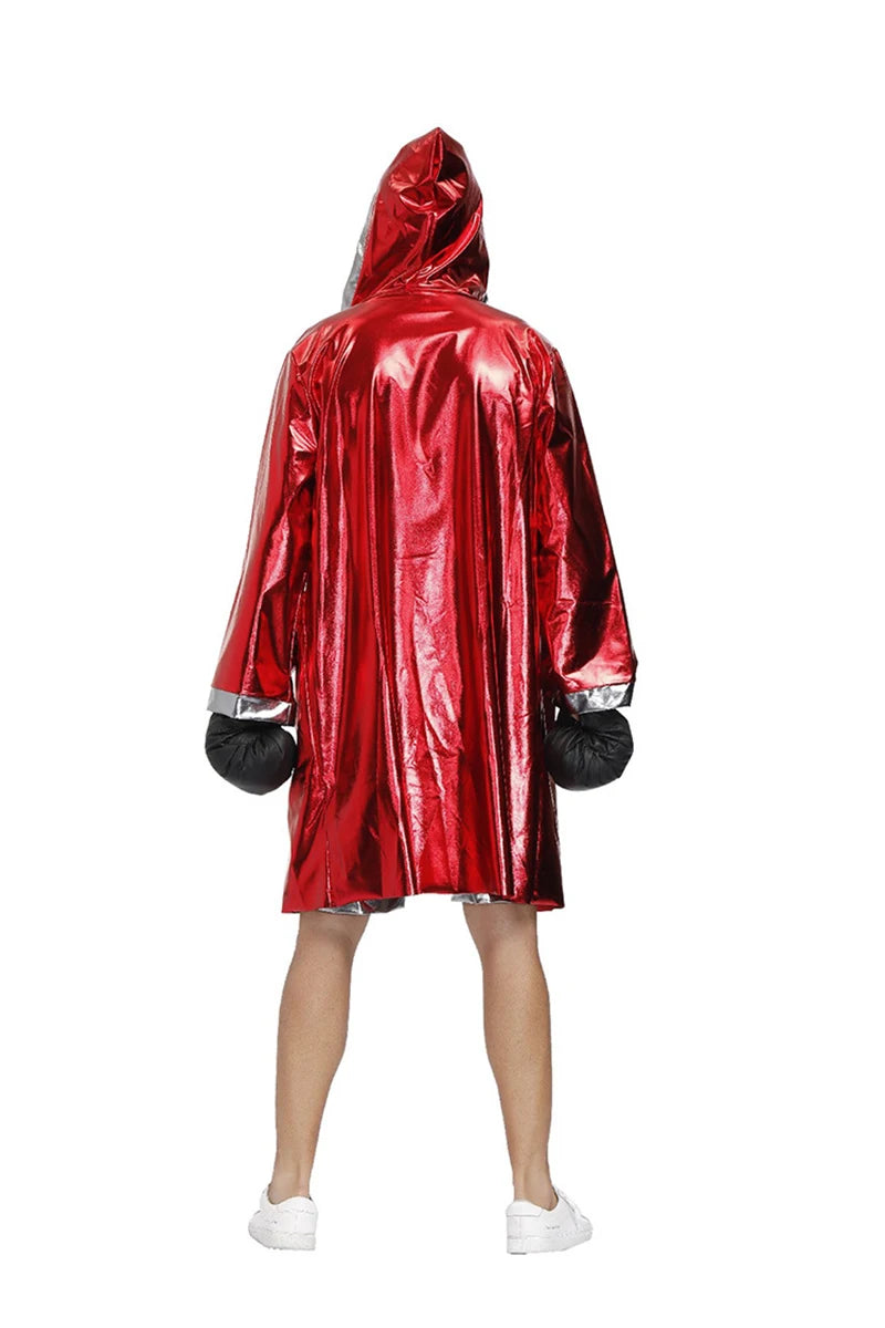 Mens Red Boxer Costume Hooded Cloak Robe Crop with Shorts Movie Boxing Robe Clothes Halloween Cosplay Training Uniform for Male