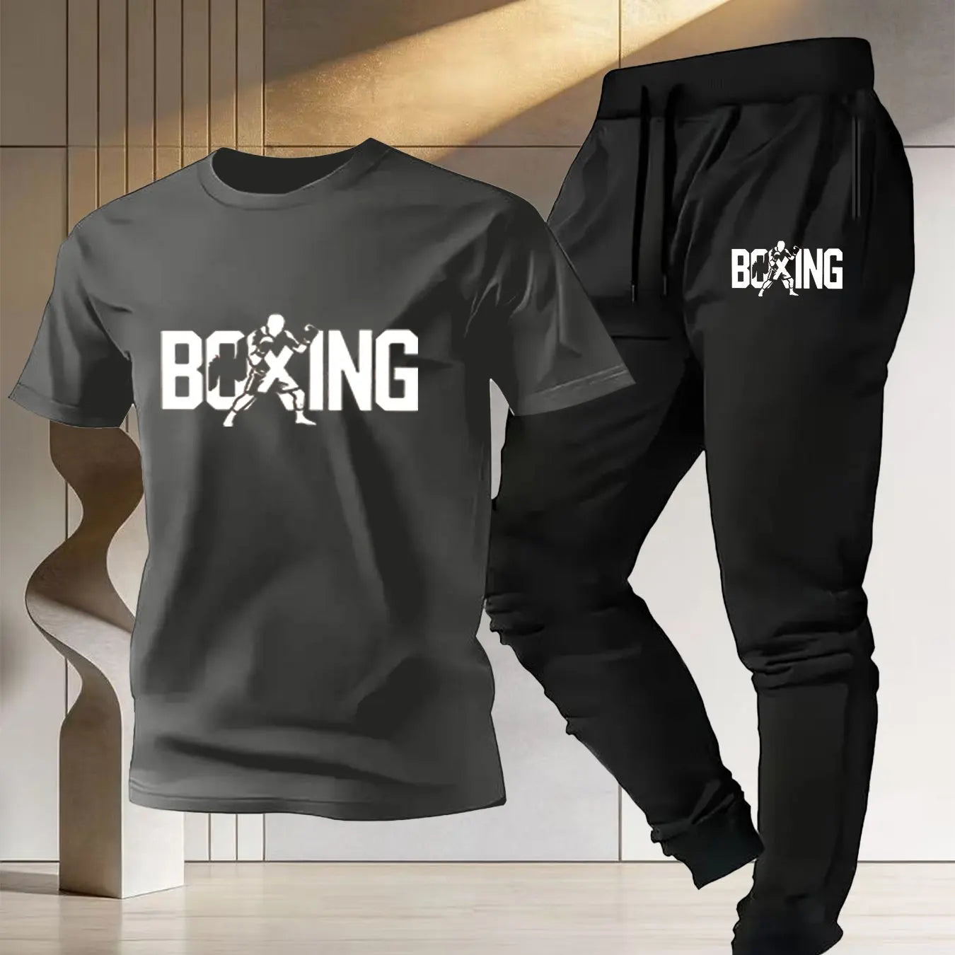 Men's boxing sport set men's 2026 new style pure cotton short-sleeved T-shirt + training quick-dry thin long pants