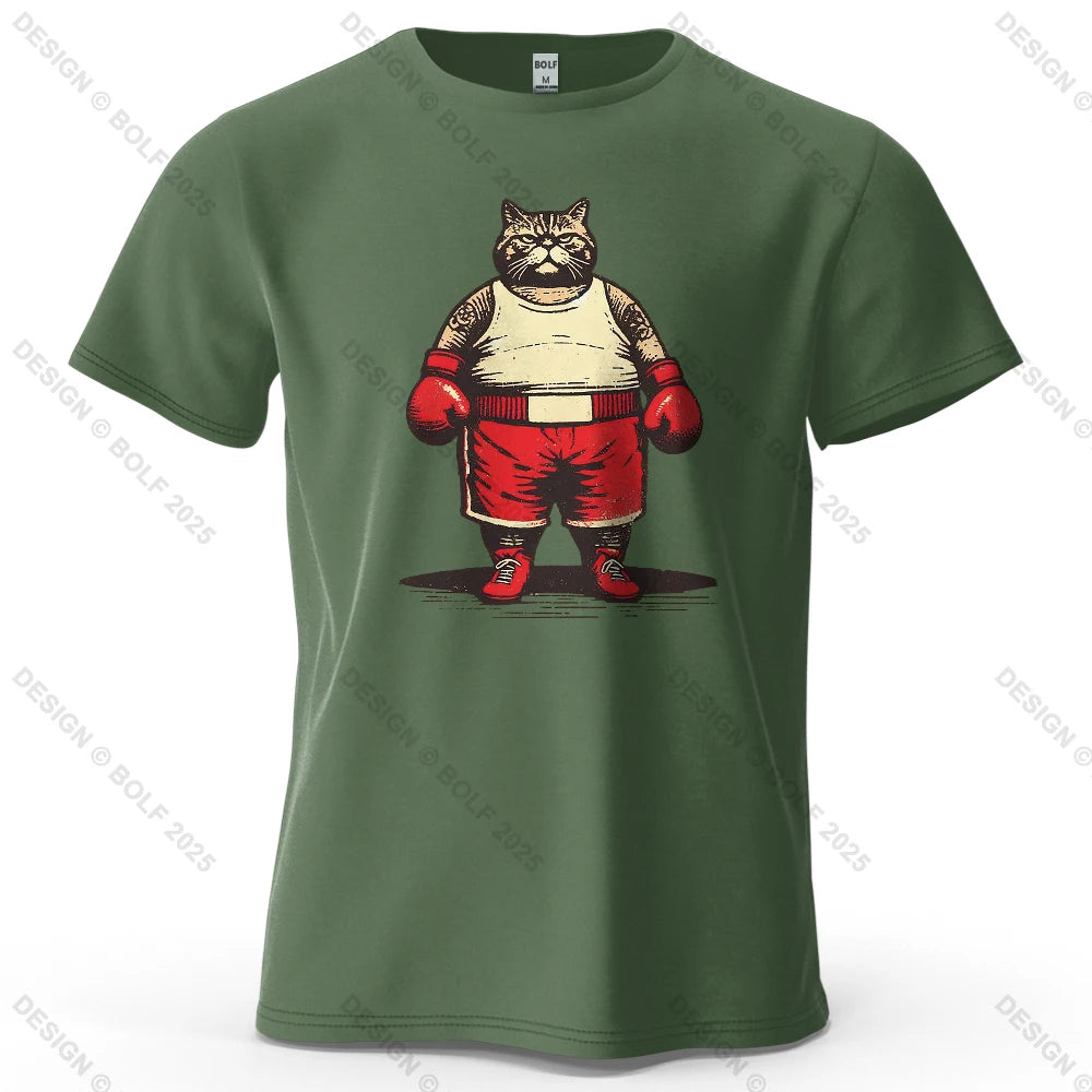 Boxing Cat Cartoon Printed Men's T-Shirt 100% Cotton Oversized Vintage Inspired Graphic Outings Tees for Women Tops Streetwear