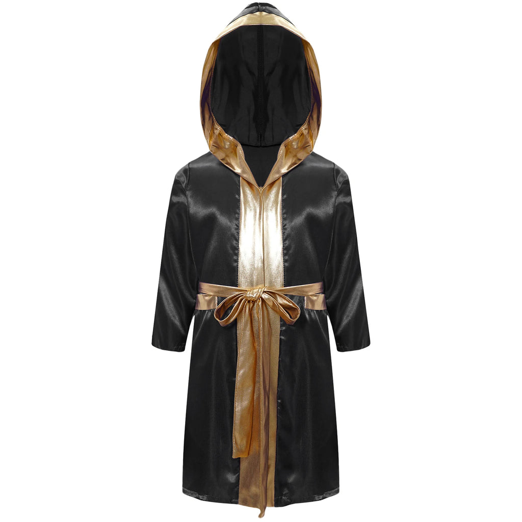 Kids Boys Boxing Training Outfit Long Sleeve Open Front Metallic Satin Robe Hooded Cloak with Athletic Shorts And Boxer Gloves