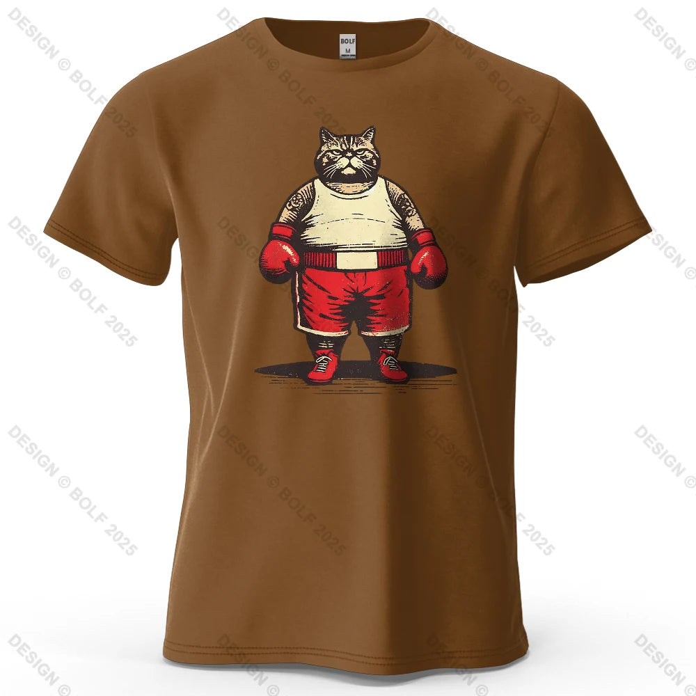 Boxing Cat Cartoon Printed Men's T-Shirt 100% Cotton Oversized Vintage Inspired Graphic Outings Tees for Women Tops Streetwear