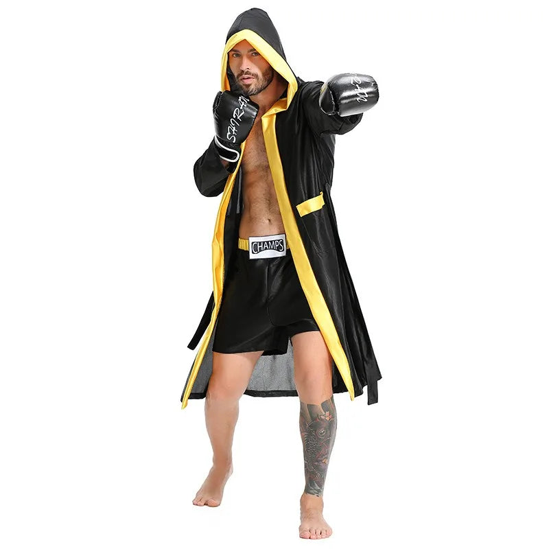 Boxing Robe Adults Costume Boxer Game Suit Black Hooded Outwear Poncho Sweat Shorts Sports Clothes Full Set Unisex Halloween