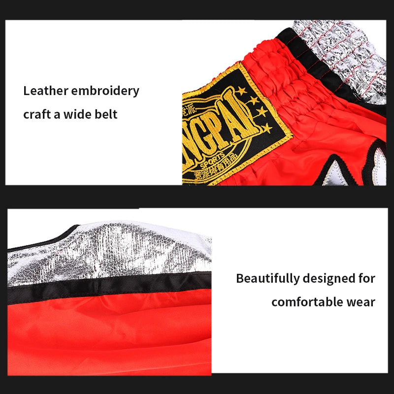 Muay Thai Shorts Embroidery Thai Boxing Shorts Men Women Kids Satin BJJ MMA Clothes Gym Grappling Cage Fight Kickboxing Shorts