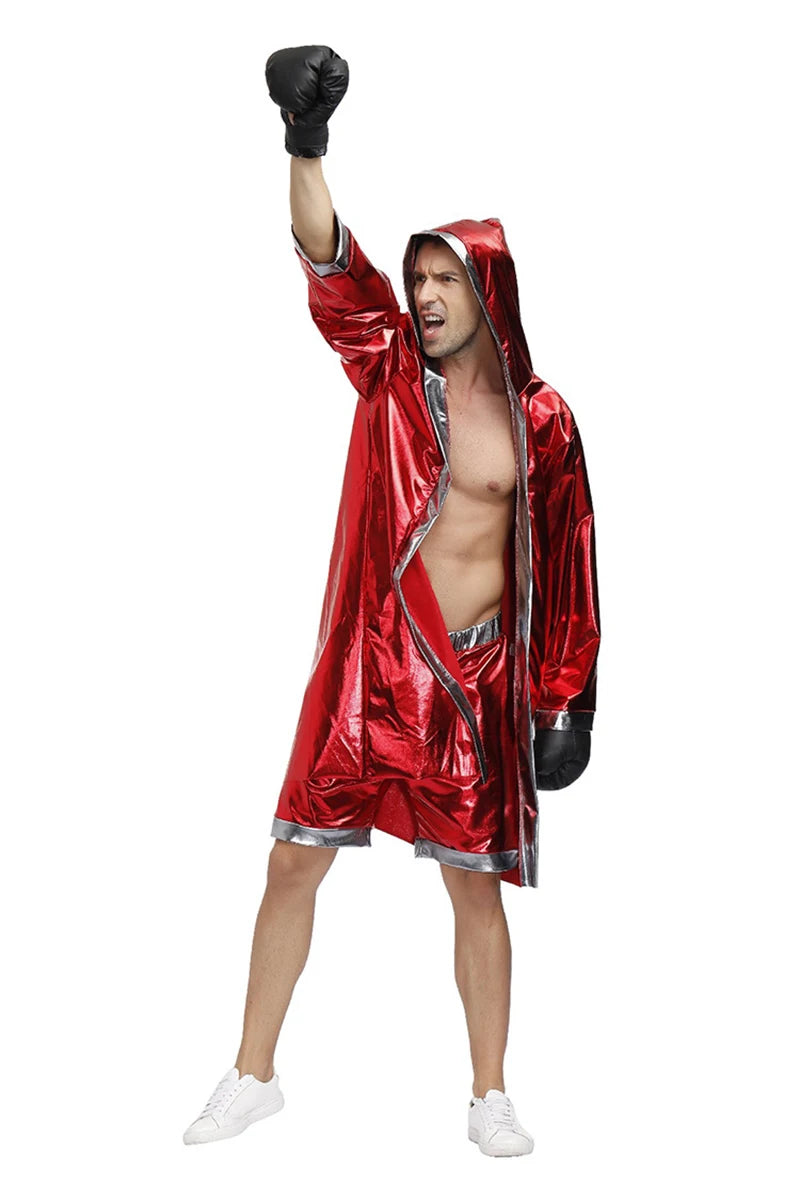 Mens Red Boxer Costume Hooded Cloak Robe Crop with Shorts Movie Boxing Robe Clothes Halloween Cosplay Training Uniform for Male