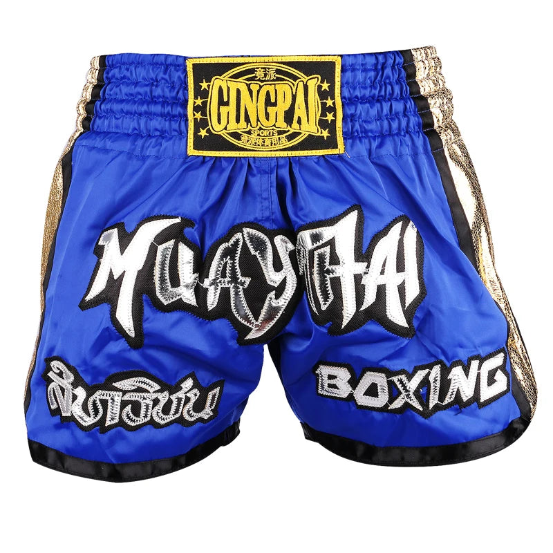 Muay Thai Shorts Embroidery Thai Boxing Shorts Men Women Kids Satin BJJ MMA Clothes Gym Grappling Cage Fight Kickboxing Shorts