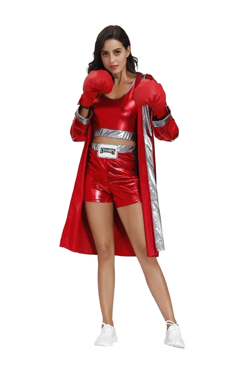 Male Women Red Boxer Uniform Sexy Boxing Costumes Halloween Party couple Cosplay Clothes Hooded Cloak Robe Shorts Set