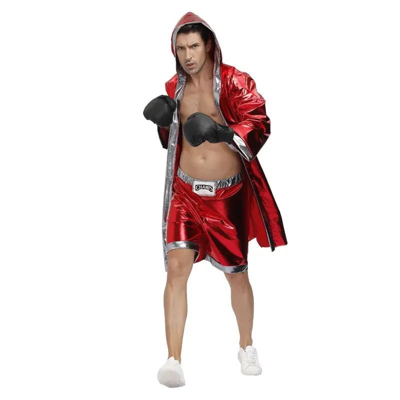 Mens Red Boxer Costume Hooded Cloak Robe Crop with Shorts Movie Boxing Robe Clothes Halloween Cosplay Training Uniform for Male
