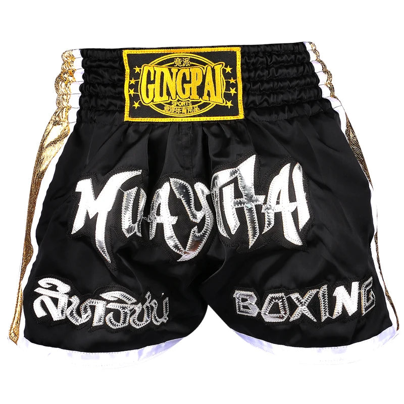 Muay Thai Shorts Embroidery Thai Boxing Shorts Men Women Kids Satin BJJ MMA Clothes Gym Grappling Cage Fight Kickboxing Shorts