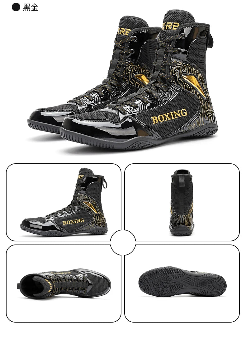 Professional Boxing and Wrestling Shoes for Men, Black and White Classic Comfort Training Boxing and Wrestling Fighting Shoes