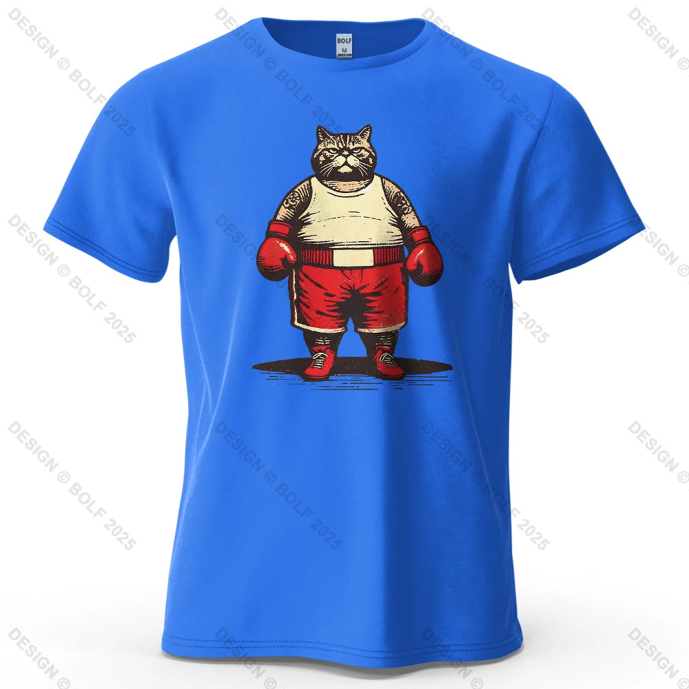 Boxing Cat Cartoon Printed Men's T-Shirt 100% Cotton Oversized Vintage Inspired Graphic Outings Tees for Women Tops Streetwear