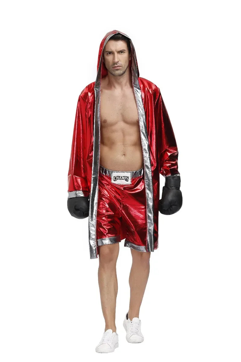 Male Women Red Boxer Uniform Sexy Boxing Costumes Halloween Party couple Cosplay Clothes Hooded Cloak Robe Shorts Set