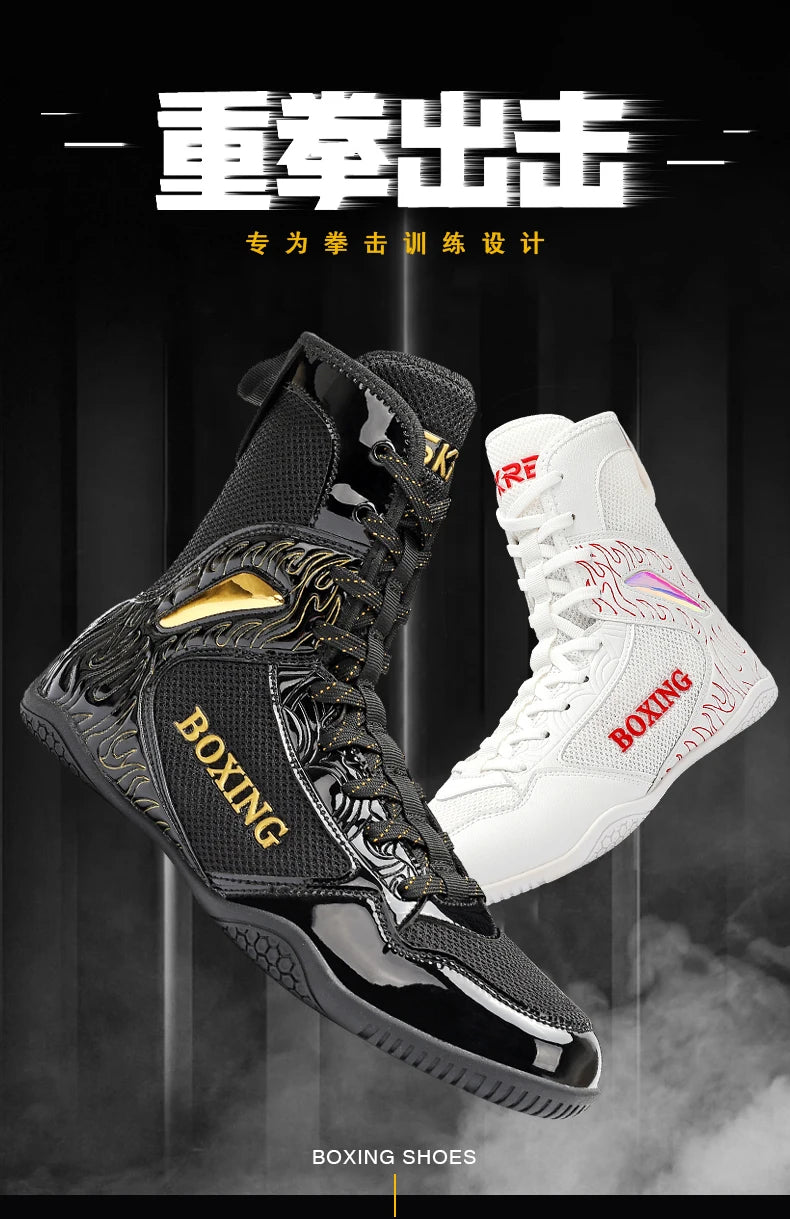 Professional Boxing and Wrestling Shoes for Men, Black and White Classic Comfort Training Boxing and Wrestling Fighting Shoes