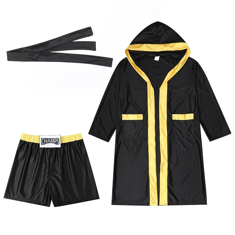 Boxing Robe Adults Costume Boxer Game Suit Black Hooded Outwear Poncho Sweat Shorts Sports Clothes Full Set Unisex Halloween