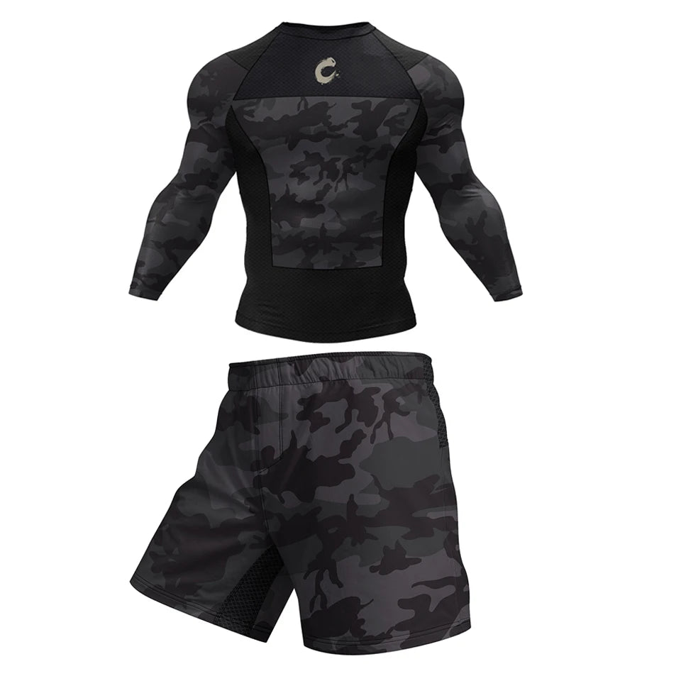 Black No Gi BJJ Jiu Jitsu T-shirt +MMA Shorts Sets Boxing Rashguard for Men Jiu Jitsu Compression Workout Wear Sport Jerseys