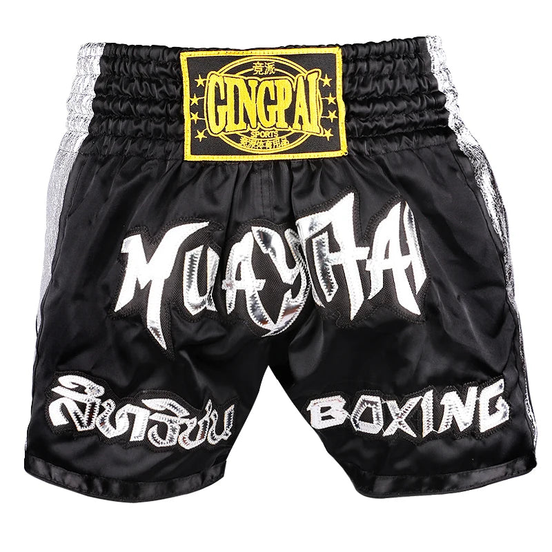 Muay Thai Shorts Embroidery Thai Boxing Shorts Men Women Kids Satin BJJ MMA Clothes Gym Grappling Cage Fight Kickboxing Shorts
