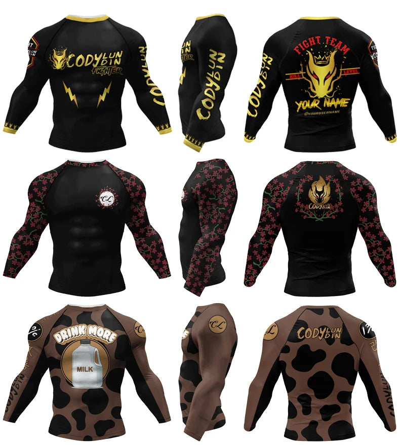 Boxing Jiu Jitsu T-shirts BJJ Rashguard For Men Sport No GI MMA Ranked Long Sleeve MMA Compression Clothing Male Rashguards Tops