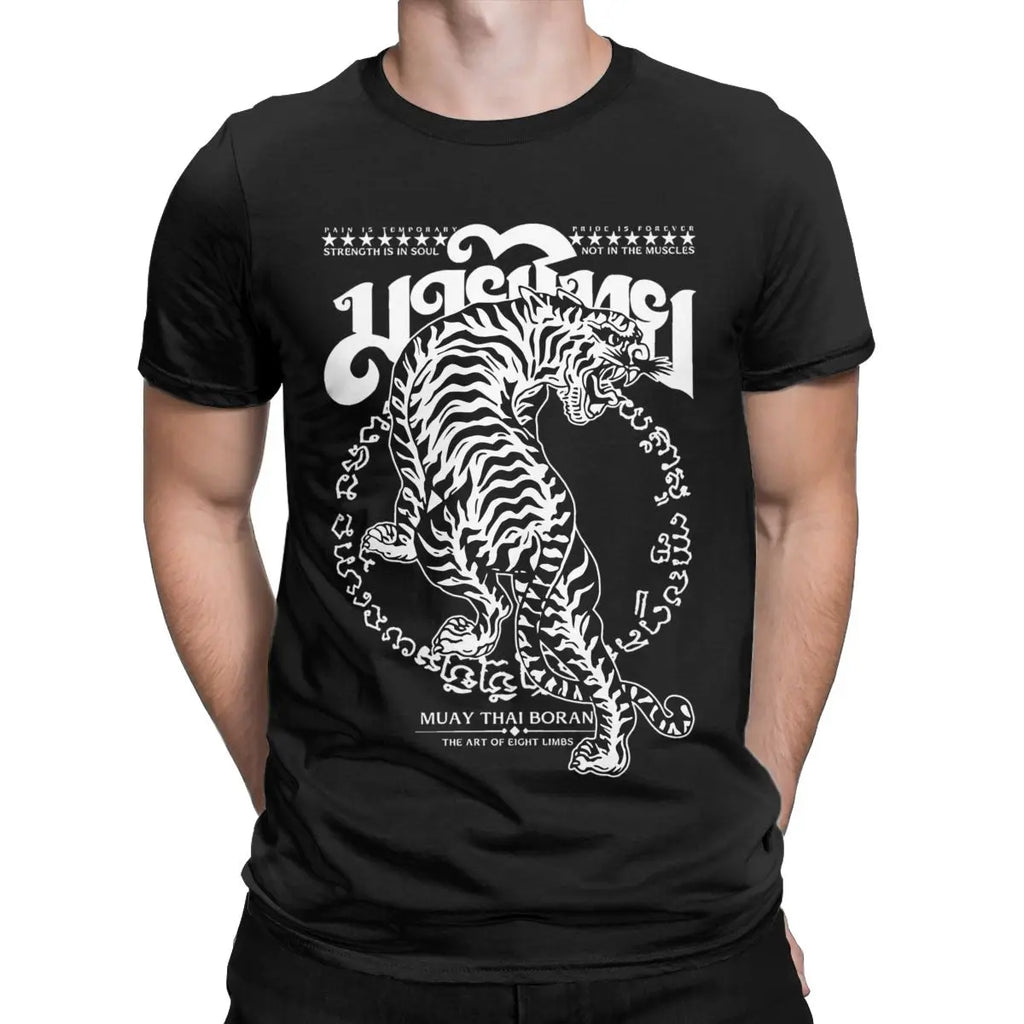 Men's T-Shirts Muay Thai Sak Yant Tiger Unique 100% Cotton Tee Short Sleeve Boxing Fighter T Shirts Round Neck Clothing Summer
