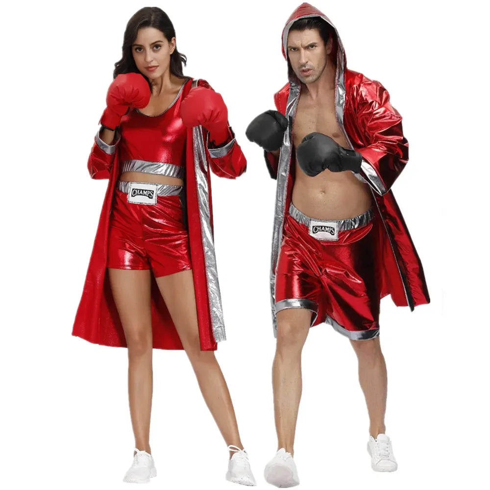 Male Women Red Boxer Uniform Sexy Boxing Costumes Halloween Party couple Cosplay Clothes Hooded Cloak Robe Shorts Set