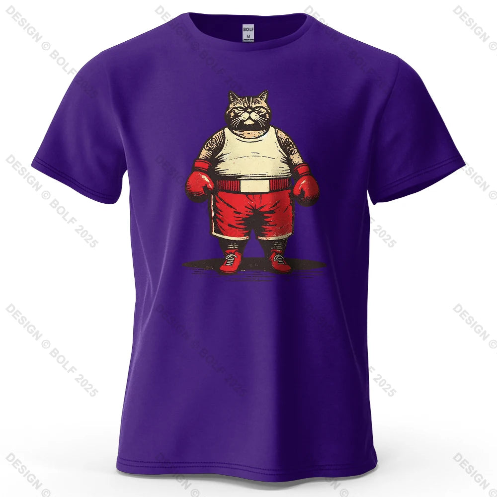 Boxing Cat Cartoon Printed Men's T-Shirt 100% Cotton Oversized Vintage Inspired Graphic Outings Tees for Women Tops Streetwear