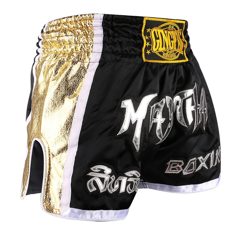Muay Thai Shorts Embroidery Thai Boxing Shorts Men Women Kids Satin BJJ MMA Clothes Gym Grappling Cage Fight Kickboxing Shorts