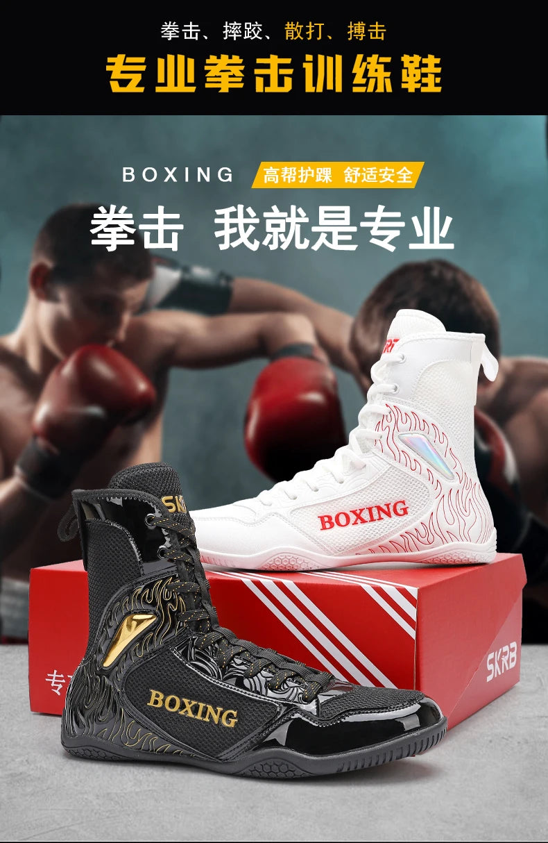 Professional Boxing and Wrestling Shoes for Men, Black and White Classic Comfort Training Boxing and Wrestling Fighting Shoes
