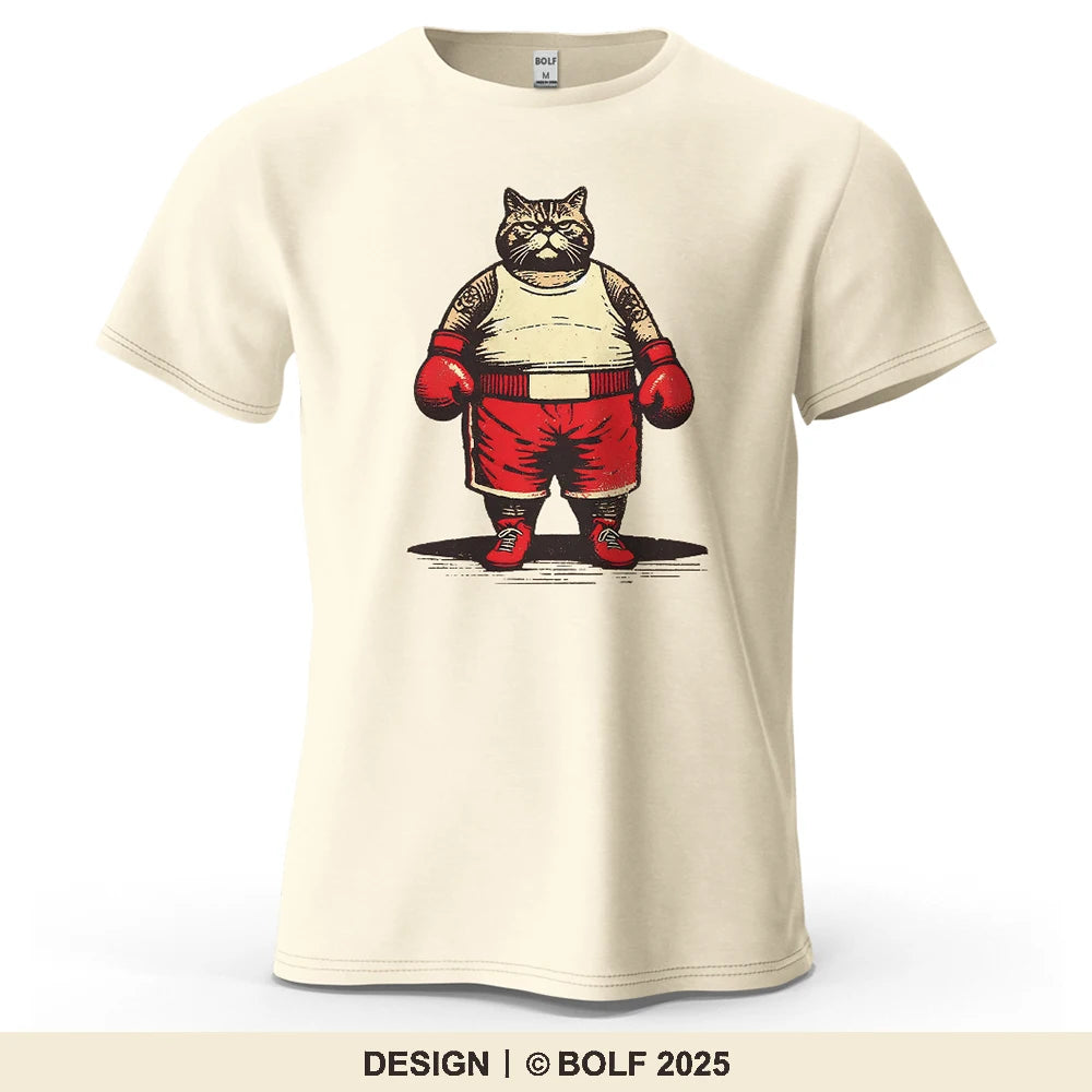Boxing Cat Cartoon Printed Men's T-Shirt 100% Cotton Oversized Vintage Inspired Graphic Outings Tees for Women Tops Streetwear
