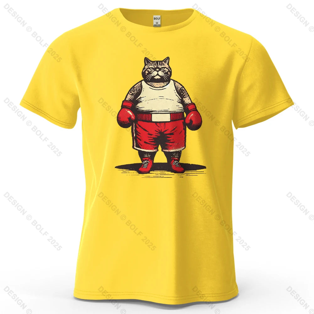 Boxing Cat Cartoon Printed Men's T-Shirt 100% Cotton Oversized Vintage Inspired Graphic Outings Tees for Women Tops Streetwear