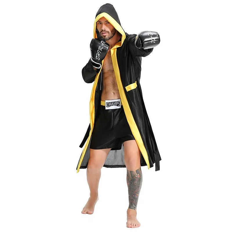 Boxing Robe Adults Costume Boxer Game Suit Black Hooded Outwear Poncho Sweat Shorts Sports Clothes Full Set Unisex Halloween