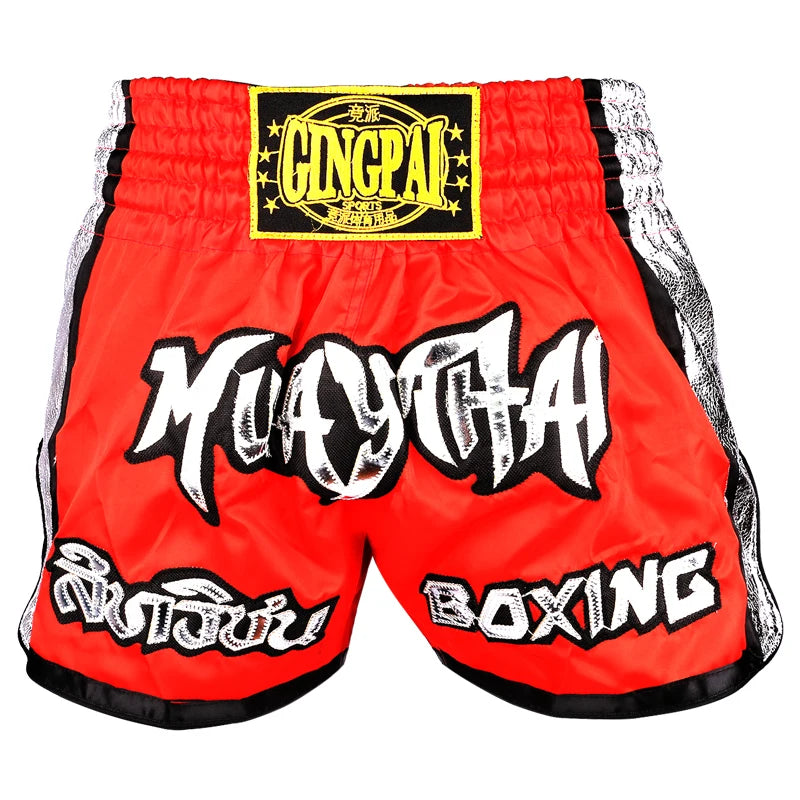 Muay Thai Shorts Embroidery Thai Boxing Shorts Men Women Kids Satin BJJ MMA Clothes Gym Grappling Cage Fight Kickboxing Shorts