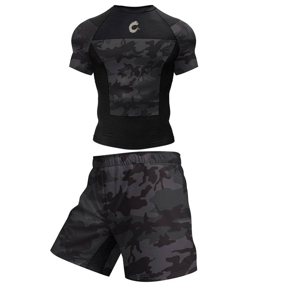 Black No Gi BJJ Jiu Jitsu T-shirt +MMA Shorts Sets Boxing Rashguard for Men Jiu Jitsu Compression Workout Wear Sport Jerseys