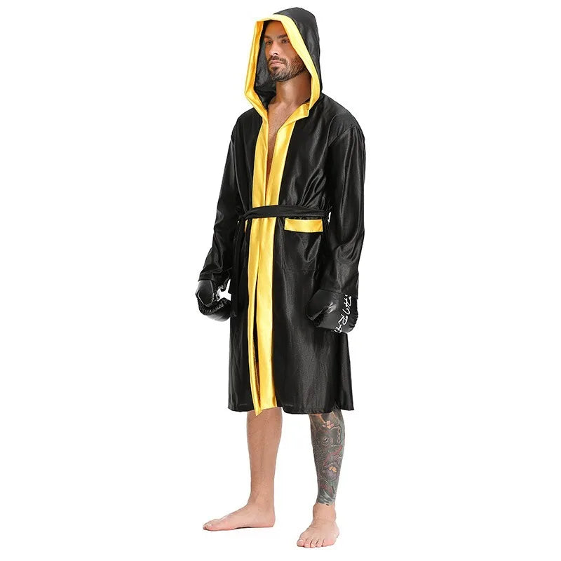 Boxing Robe Adults Costume Boxer Game Suit Black Hooded Outwear Poncho Sweat Shorts Sports Clothes Full Set Unisex Halloween