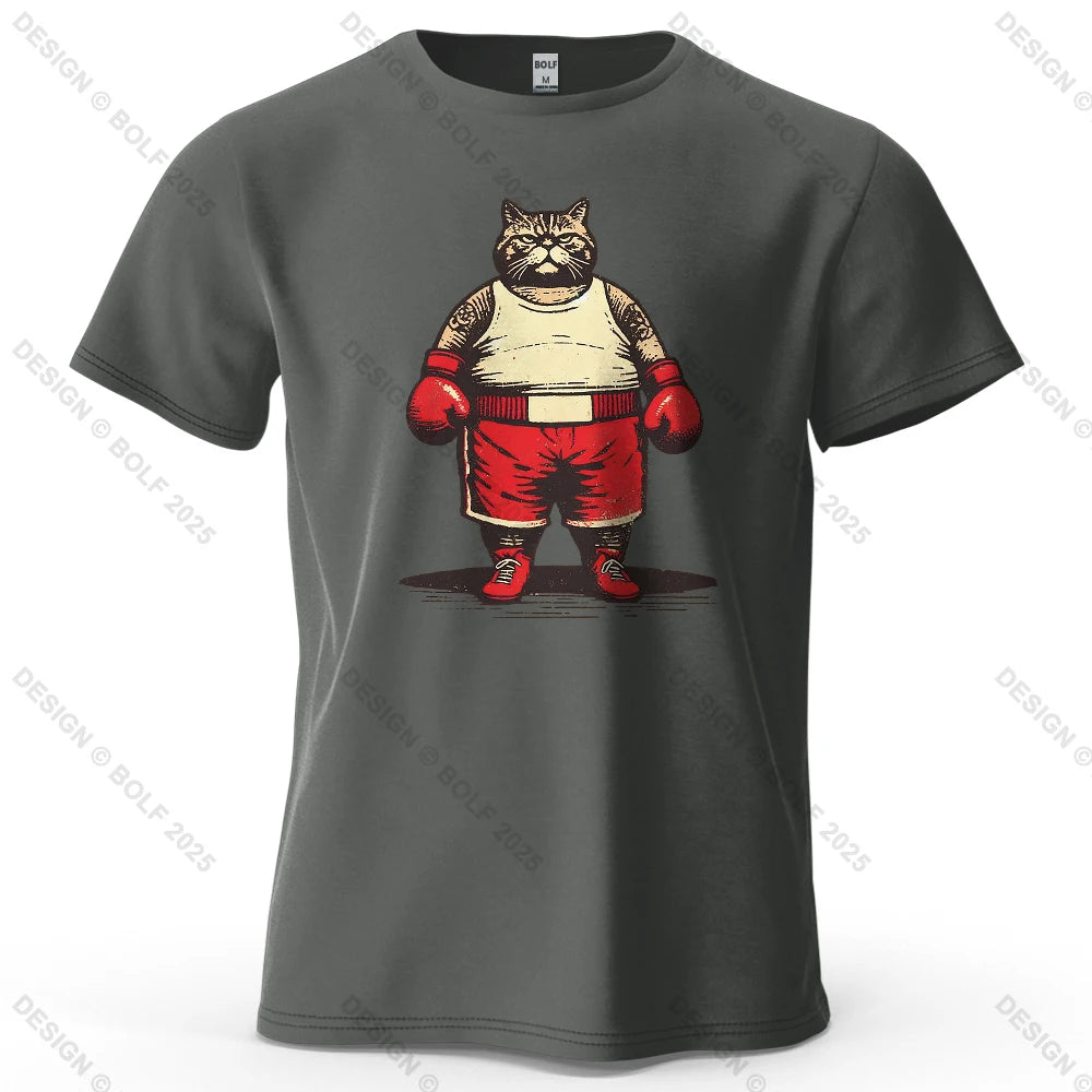 Boxing Cat Cartoon Printed Men's T-Shirt 100% Cotton Oversized Vintage Inspired Graphic Outings Tees for Women Tops Streetwear