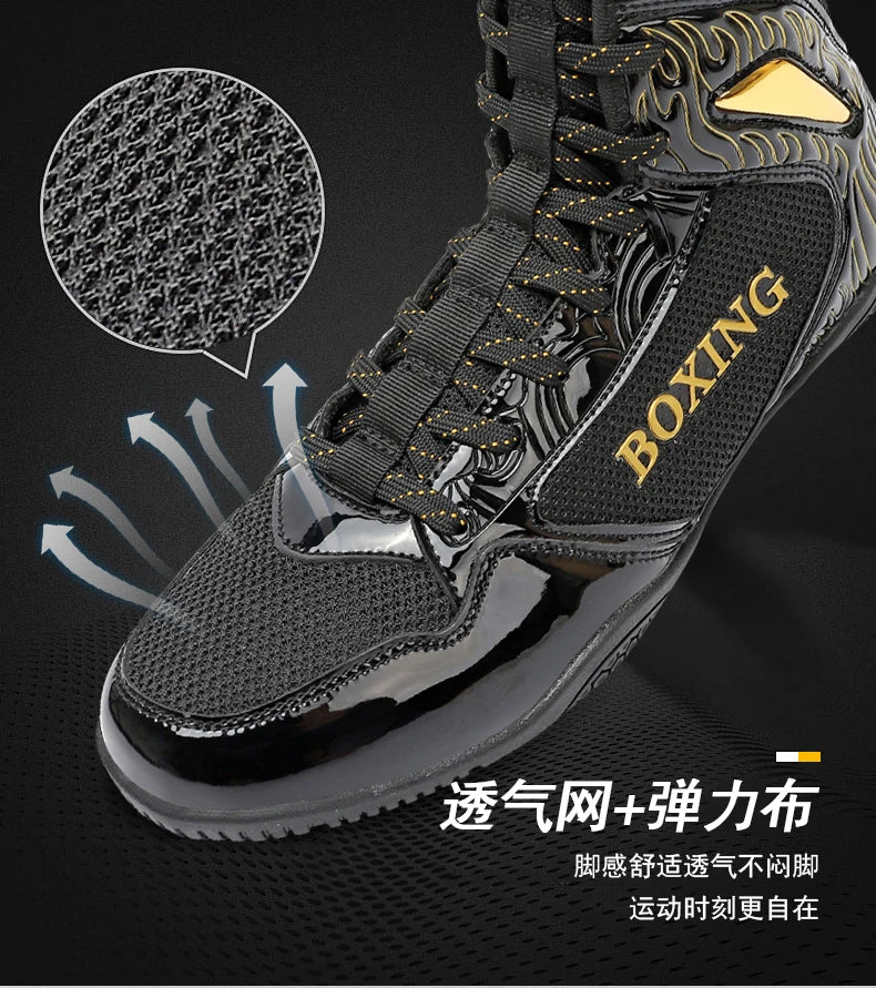 Professional Boxing and Wrestling Shoes for Men, Black and White Classic Comfort Training Boxing and Wrestling Fighting Shoes