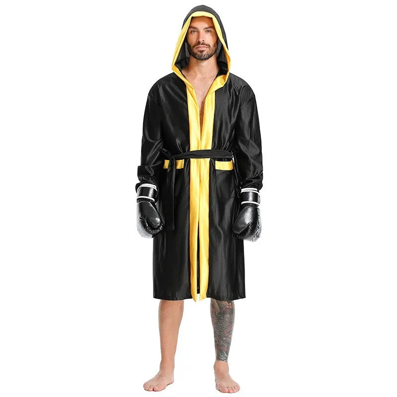 Boxing Robe Adults Costume Boxer Game Suit Black Hooded Outwear Poncho Sweat Shorts Sports Clothes Full Set Unisex Halloween