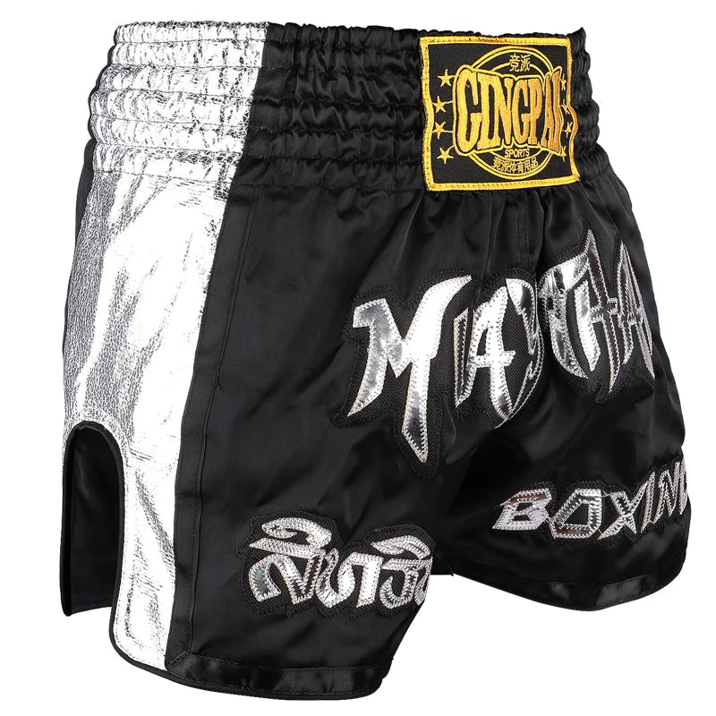Muay Thai Shorts Embroidery Thai Boxing Shorts Men Women Kids Satin BJJ MMA Clothes Gym Grappling Cage Fight Kickboxing Shorts