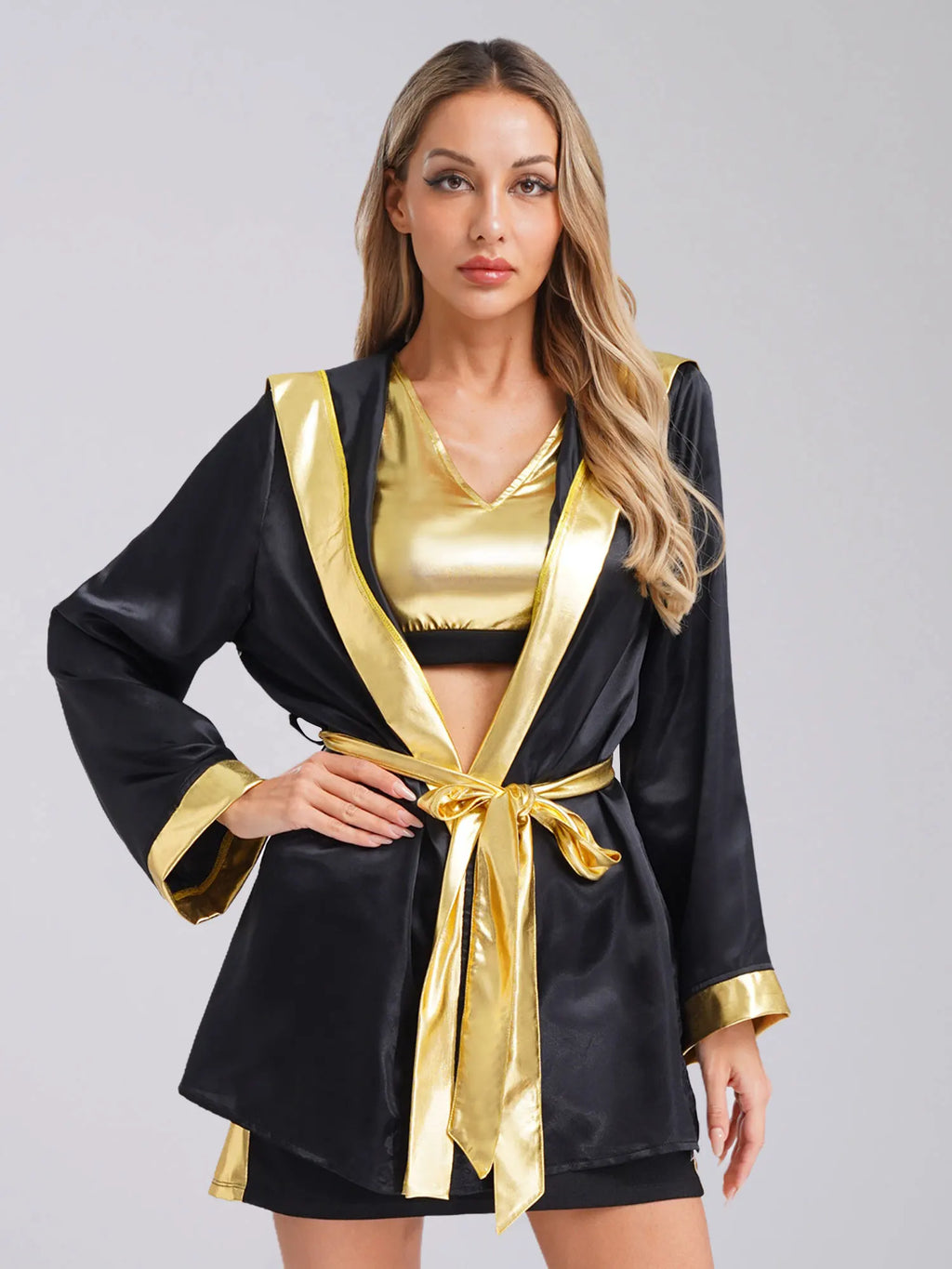 Women Boxing Robes Bjj Boxer Fight Grappling Costume Martial Arts Muay Thai Satin Tops + Skirt Belt Kickboxing Hooded Outfit