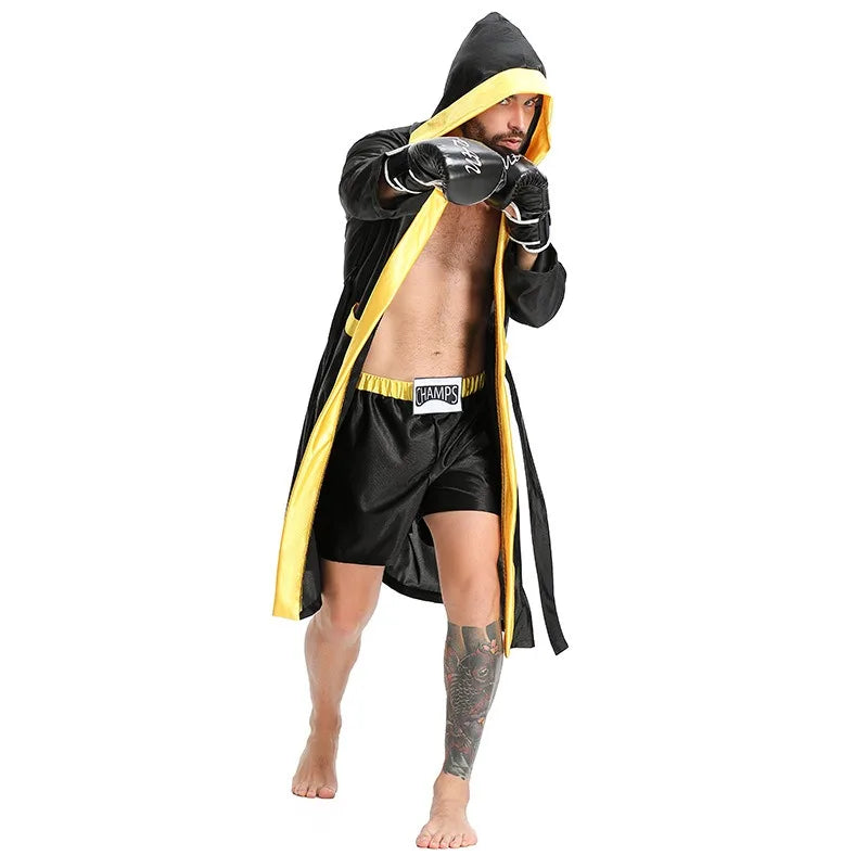 Boxing Robe Adults Costume Boxer Game Suit Black Hooded Outwear Poncho Sweat Shorts Sports Clothes Full Set Unisex Halloween
