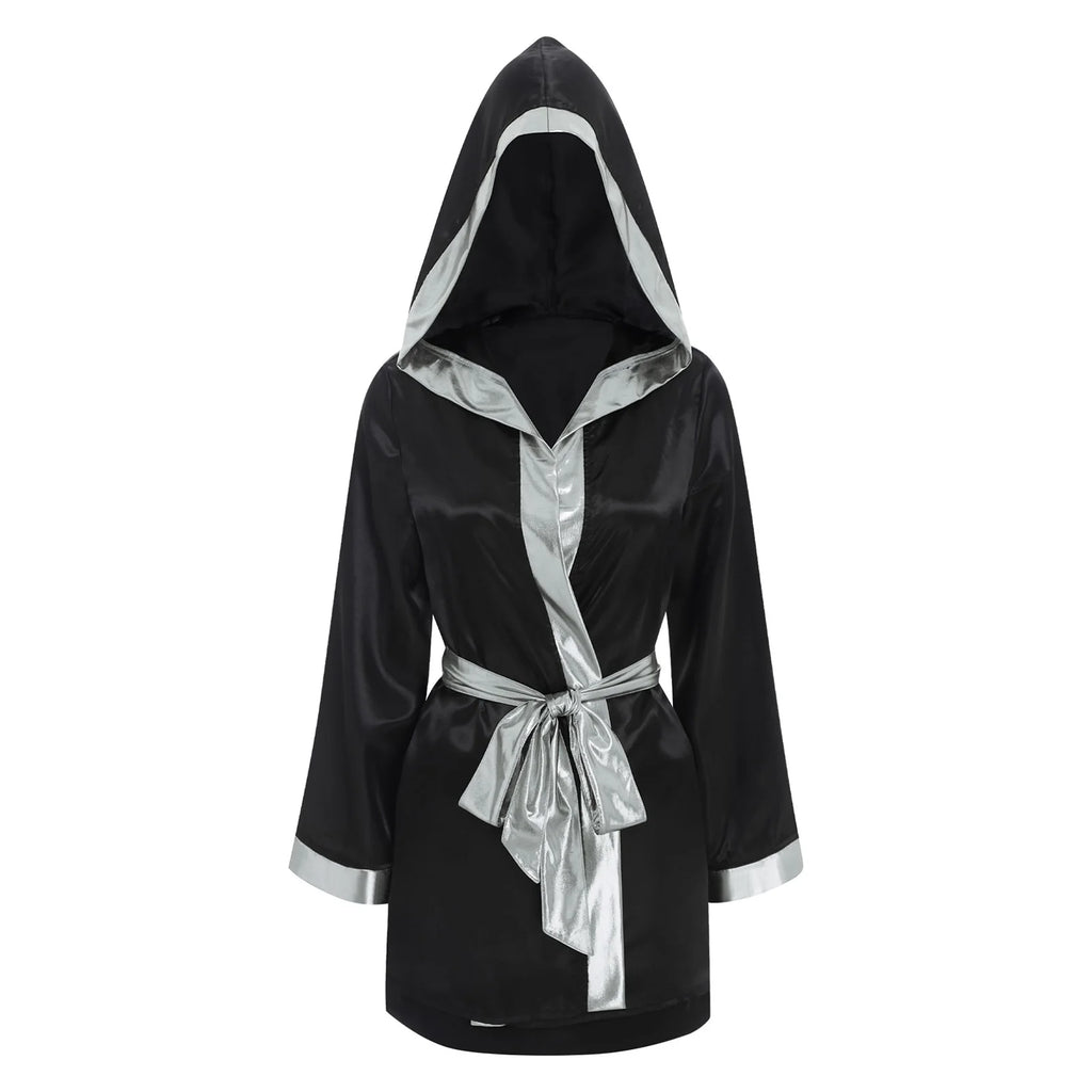 Women Boxing Robes Bjj Boxer Fight Grappling Costume Martial Arts Muay Thai Satin Tops + Skirt Belt Kickboxing Hooded Outfit