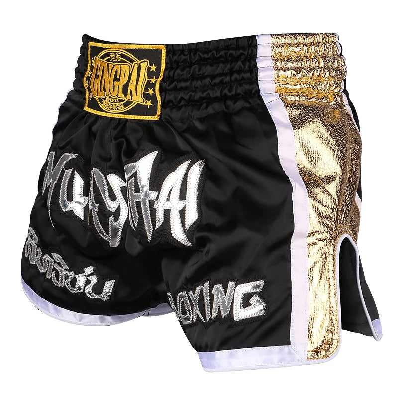 Muay Thai Shorts Embroidery Thai Boxing Shorts Men Women Kids Satin BJJ MMA Clothes Gym Grappling Cage Fight Kickboxing Shorts