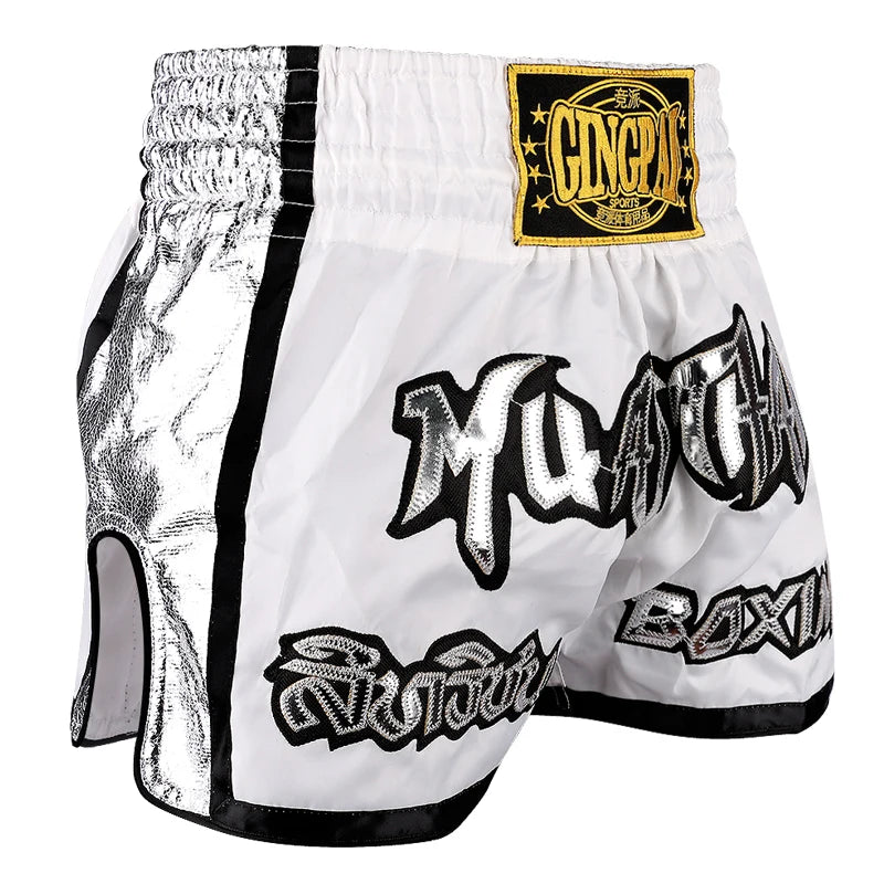 Muay Thai Shorts Embroidery Thai Boxing Shorts Men Women Kids Satin BJJ MMA Clothes Gym Grappling Cage Fight Kickboxing Shorts
