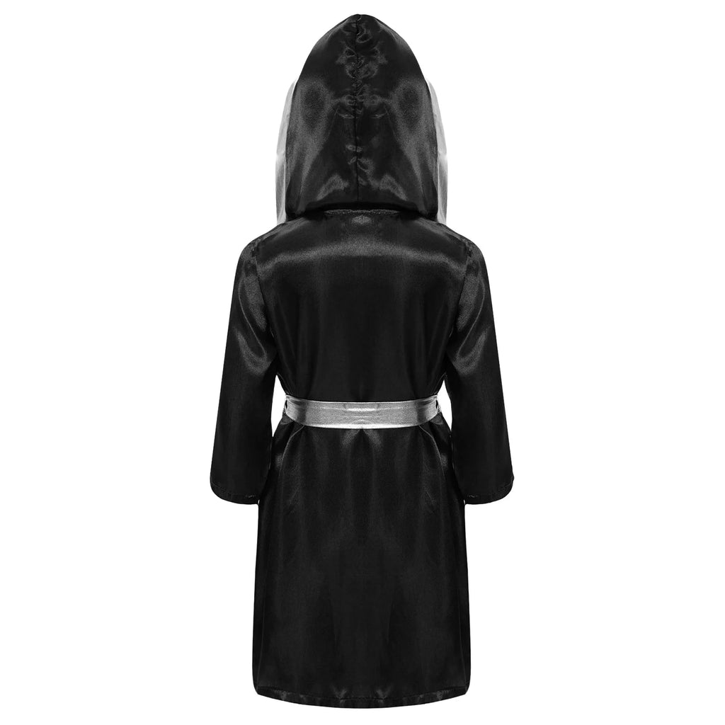 Kids Boys Boxing Training Outfit Long Sleeve Open Front Metallic Satin Robe Hooded Cloak with Athletic Shorts And Boxer Gloves