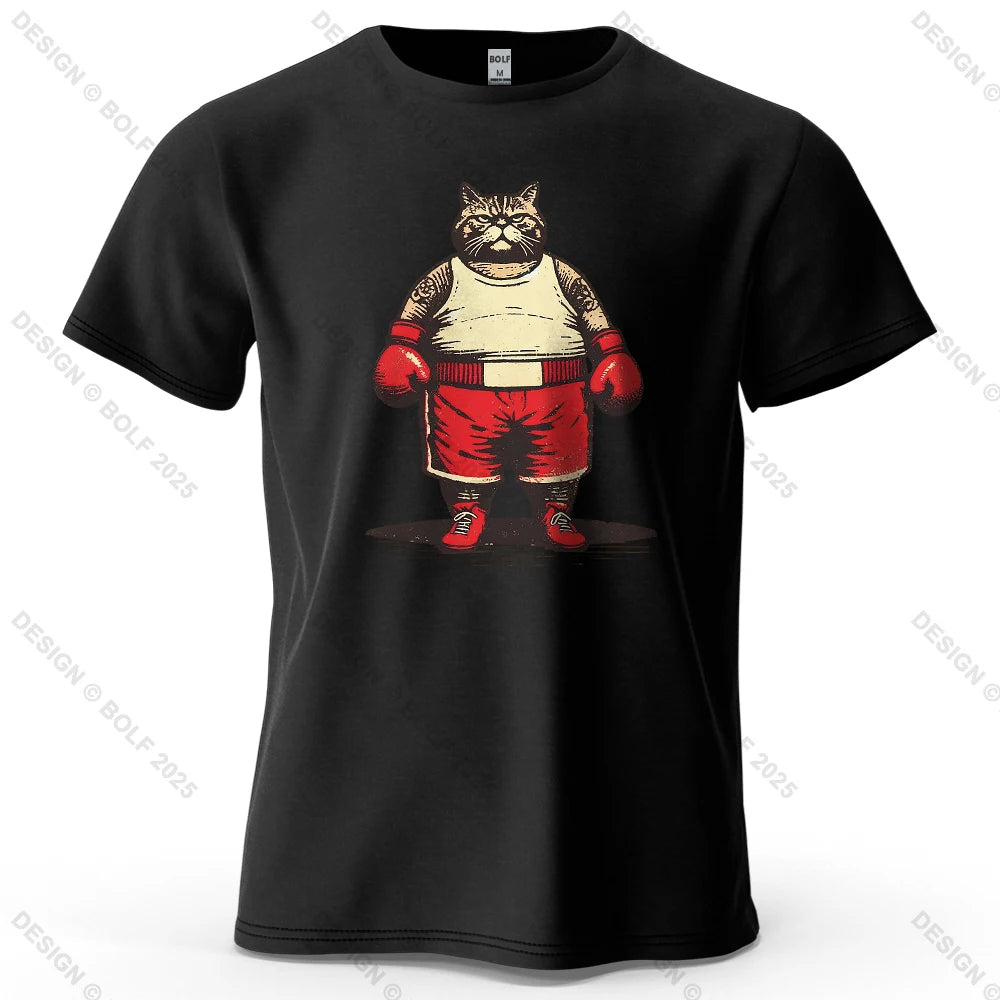Boxing Cat Cartoon Printed Men's T-Shirt 100% Cotton Oversized Vintage Inspired Graphic Outings Tees for Women Tops Streetwear