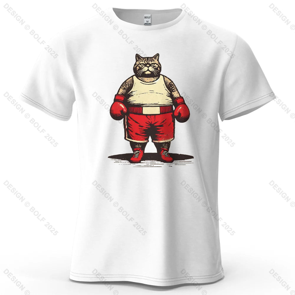 Boxing Cat Cartoon Printed Men's T-Shirt 100% Cotton Oversized Vintage Inspired Graphic Outings Tees for Women Tops Streetwear